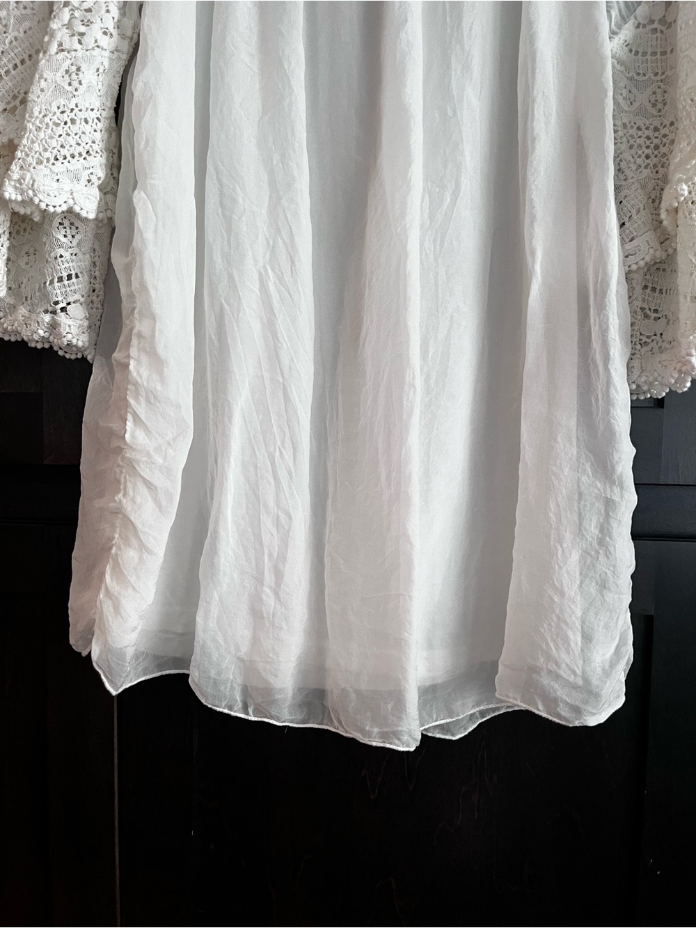 Boho Romantic White 100% Italian Silk Blouse Lace Sleeves Off Shoulder Size M - Picture 3 of 12